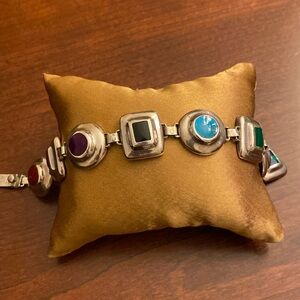 Mexico Southwestern Sterling Silver Link Bracelet with Inlay Gemstones. VTG.